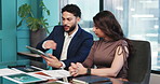Tablet, documents and business people in office for discussion with planning for finance review. Digital technology, paperwork and team of financial advisors with investment proposal in workplace.