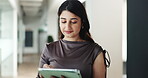 Corporate, search and tablet with business woman in office for administration or development. App, research and scrolling with Indian employee in professional workplace for agenda or schedule
