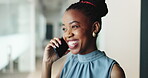 African, business woman and phone call in conversation for trial negotiation, happy with litigation and attorney at office. Communication, legal contact or counsel for mobile discussion at law firm