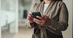 Business, hands and woman with smartphone, typing and message to contact, email or trading. Person, investor or employee with cellphone, connection or communication with website info for investment