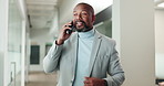 African man, phone call and happy at office for talk, watch or investment at finance company. Mature person, advisor or broker on smartphone for consulting, report or smile at asset management agency