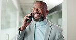 African, business man and phone call in conversation for trial negotiation, happy with litigation and attorney at office. Communication, legal contact and mature lawyer with mobile chat at law firm