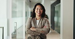 Face, business woman or happy with arms crossed for legal aid, ethics compliance or about us pride. Lawyer, person or smile at law firm for career confidence, legislation service or corporate justice