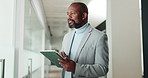 African man, tablet and thinking at office, review and investment portfolio at finance company. Mature person, advisor or broker with typing report, smile or feedback for asset management at agency