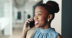 Black woman, phone call and happy conversation at office for trial negotiation, litigation and attorney for lawsuit. Communication, legal contact with lawyer or counsel for mobile chat at law firm