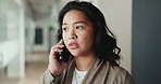 Asian, business woman and phone call conversation for trial negotiation, litigation and attorney for civil lawsuit. Communication, legal contact or female counsel for mobile chat at law firm office