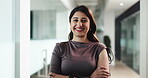 Face, woman and smile with arms crossed in office for legal internship, career growth or about us. Lawyer, happy intern and confidence at law firm for corporate justice or ready for trial assistance