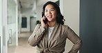 Business, woman and phone call in conversation at office for trial negotiation, litigation and attorney with feedback. Communication, legal contact or Asian counsel with mobile discussion at law firm