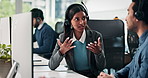 Computer, conversation and support with business people in call center for system integration or orientation. Training, contact us and discussion with headset for customer service office and advice
