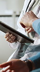 Tablet, patient and hands of doctor in hospital for research on medical diagnosis or treatment planning. Digital technology, professional and healthcare worker with person for discussion in clinic.