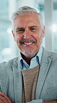 Crossed arms, happy and face of businessman in office with confidence for corporate legal career. Smile, professional and portrait of mature male attorney with pride for about us in workplace.