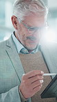 Signing, online and businessman with tablet, office and review financial growth on website and flare. Happy, investor and mature person with tech for business development, stylus and approval on app