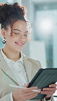 Happy, office and business woman on tablet with stylus for project management, research and planning. Professional, flare and person on digital tech for proposal, budget approval and task schedule 