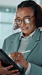 Tablet, reading and business woman with stylus for project management, research and planning in office. Flare, glasses and happy person on digital tech for proposal, budget approval and task schedule