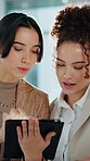 Teamwork, women and research with tablet, office and financial planning with info on web and online. Corporate, wealth manager and people with smile for business growth, flare and scroll with tech