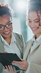 Happy, employees and women with tablet, office and financial planning with info on web or discussion. Corporate, wealth manager and people with tech for business development, flare and collaboration