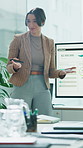 Business woman, meeting or coaching with screen for statistics, analytics or performance review. Female person, speaker or team with monitor or presentation for marketing graph, chart or company data