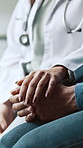 Doctor, patient or holding hands in hospital with medical appointment, kindness or empathy for diagnosis. Consultation, healthcare worker or people with sympathy, test results feedback or compassion.