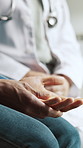 Doctor, anxious patient or hands in hospital for medical appointment, test results or treatment plan. Consultation, healthcare worker or person with anxiety for disease diagnosis, checkup or feedback