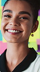 Face, creative woman and smile with sticky note for career pride, about us and news reporter. Portrait, female journalist and happy with ambition, media experience and laughing at publication agency