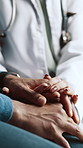 Doctor, patient or holding hands in consultation with comfort, kindness or compassion for diagnosis. Healthcare worker, people or appointment with empathy, support and help for test results feedback.