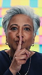 Woman, face and finger gesture with sticky note for startup secret or career mystery. Mature, creative business person and confidential ideas with gossip for shush, project management or private info