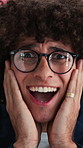 Creative man, face and shocked with good news for startup opportunity, promotion or career development. Smile, business person and excited with portrait for project management and problem solving