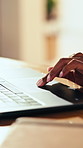 Laptop, typing and hands of woman in home for copywriting blog, email newsletter and freelancer. Remote worker, online article research and startup planning with person in apartment for update