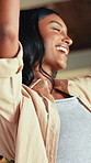 Smile, woman and dancing for fun at house with music, good news and movement for weekend freedom. Happy, female person and singing with rhythm, celebration and moving performance with groovy vibes