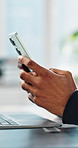 Hands, phone and texting at office with laptop, contact and notification at risk management agency. Person, smartphone and typing on mobile app, feedback and online consulting at insurance company