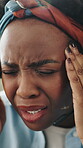 Anxiety, headache and tension with black woman in design office for pain relief or temple massage. Burnout, migraine and stress with African designer at work for small business or startup pressure
