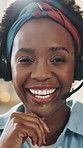 Black woman, face and happy with headset for remote work from home, support services and pride. African person, virtual assistant and smile in portrait, communication and consulting job in Kenya