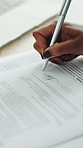 Hands, documents and signature with finance, contract and compliance for tax, investing and admin at office. Person, paperwork and writing with agreement, asset management or registration at agency