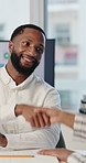 Happy, black man and handshake with client, meeting and agreement for business growth and investment. Office, people and shaking hands for funding opportunity, discussion or gesture for collaboration