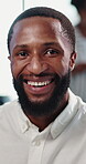 Smile, professional and face of business black man in office for pride, account manager and confidence. Happiness, about us and portfolio advisor with portrait of person in agency for opportunity