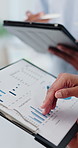 Hands, team and graphs with sales review, tablet and insight with financial stats for annual target. People, documents and tech with charts, audit and results with app for revenue report at agency