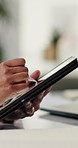 Person, hands and writing in office with tablet for design idea, marketing media and planning app. Notes, graphic designer and woman with digital tech for website, advertising project and creativity.