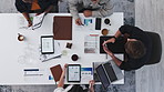 Above, meeting and graph with business people in office for planning, budget discussion and documents. Account analysis, risk management and collaboration with employees and tech in agency for report