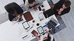 Above, meeting and research with business people in office for planning, budget discussion and documents. Account analysis, risk management and collaboration with employees and tech in agency