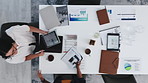 Business, people and meeting with document in office for accounting, finance report and data analysis. Above, team and tablet with stats for financial proposal, kpi performance and asset management
