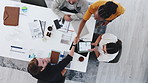 Above, sales team and people with handshake, partnership and agreement with cooperation. Achievement, employees and men with women, coworking and shaking hands in meeting, support and celebration