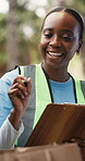 Smile, woman and volunteer with clipboard outdoor for food drive, donation inventory and charity event. Person, counting and checklist for resources, package inspection and planning for distribution