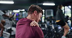 Athlete, man and ache of shoulder pain at gym for fitness injury, muscle strain and discomfort. Male person, cramps and arm inflammation for workout accident, exercise mistake and fibromyalgia sprain