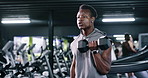 Breathing, dumbbell and fitness with man in gym for strength training or workout routine. Exercise, intensity and weightlifting with bodybuilder in health club for physical challenge or resilience