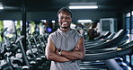 Happy man, face and fitness with confidence in gym for treadmill, cardio exercise or workout. Active, portrait or male person with smile or arms crossed for indoor training or wellness in health club