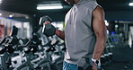 Man, arms or weightlifting with dumbbells in gym for bodybuilding exercise or training. Active, male person or muscular bodybuilder with weight for bicep curls, reps or fitness workout in health club