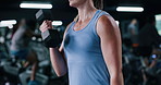 Fitness, weight training or hands in gym with dumbbell, power or bicep curl in bodybuilding. Exercise, challenge or woman in club with equipment, intense workout or strength in muscle transformation.
