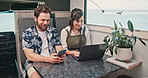 Couple, road trip and people with tech, van and blogging with laptop on holiday, happy and creative. Digital nomad, woman and man with smartphone for research, travel writer and remote work in RV