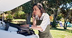 Frustrated woman, car trouble and phone call with roadside assistance for help, guide or repair. Female person, breakdown and talking with mechnical engineer for vehicle fix, communication or problem