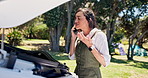 Frustrated woman, car problem and phone call with help for road side assistance, guide or repair. Female person, breakdown or talking with mechnical engineer for vehicle trouble, fix or communication